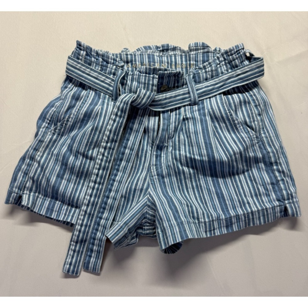 American Eagle Outfitters Mom Shorts Womens 4 Blue White Striped‎ Paperbag Waist